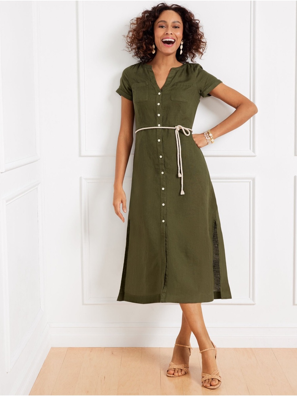 Talbots 100% Linen Olive Green Button Front Midi ShirtDress with Rope Tie Sz 4P